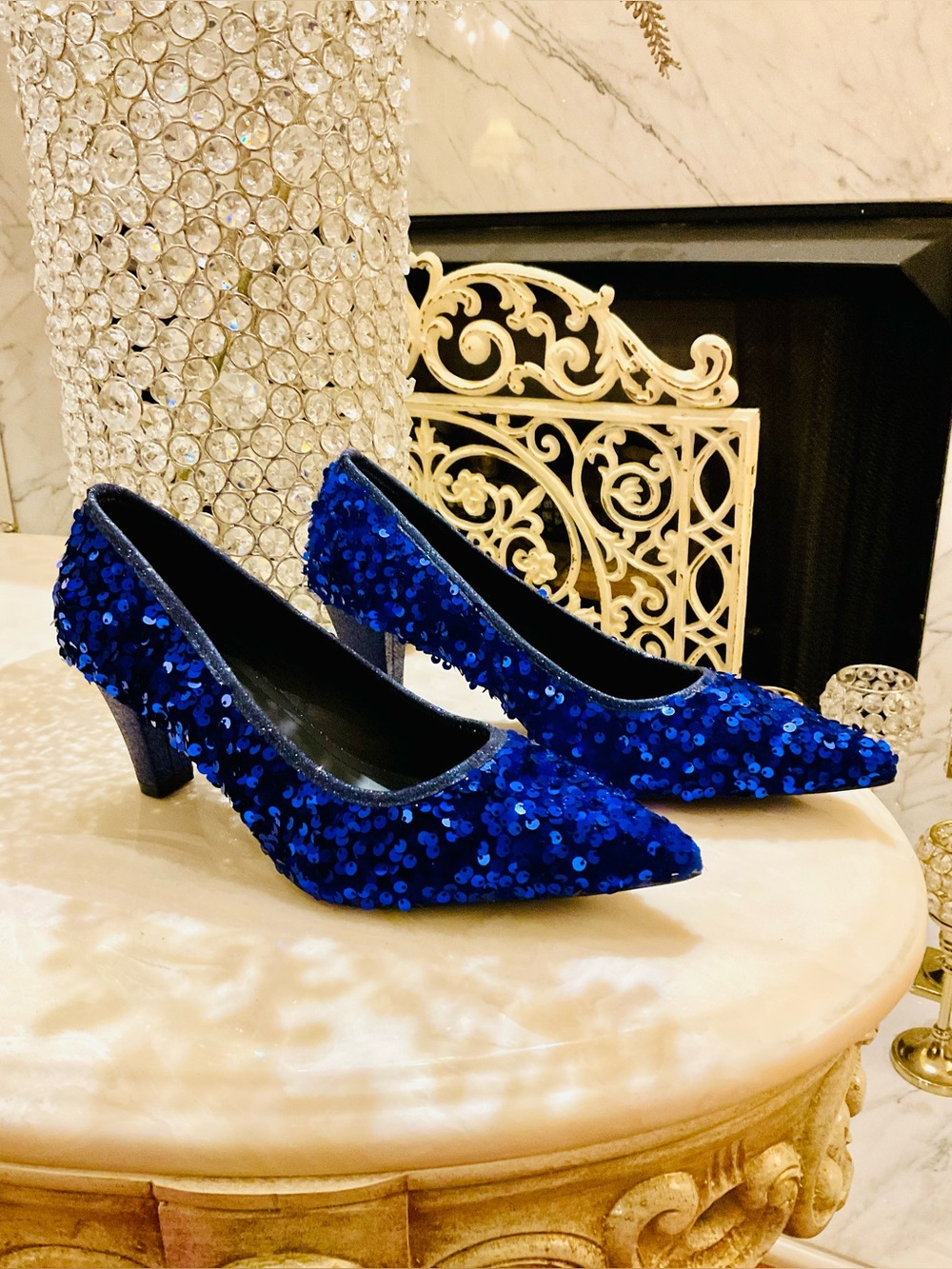 Blue Sequin Pointed-Toe Mid Heel Pumps